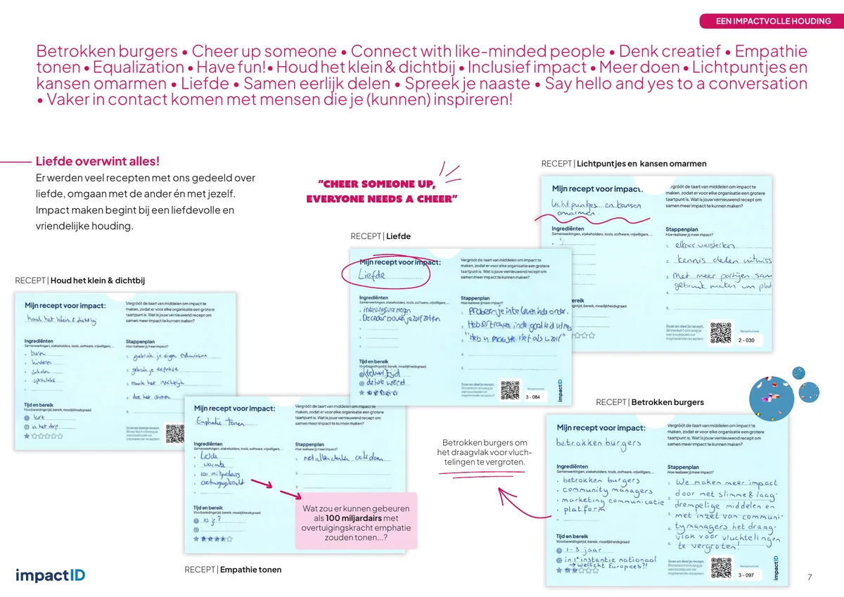 Página de ejemplo del «Cookbook for Impact» en la que se muestran recetas escritas a mano para desarrollar una mentalidad orientada al impacto
