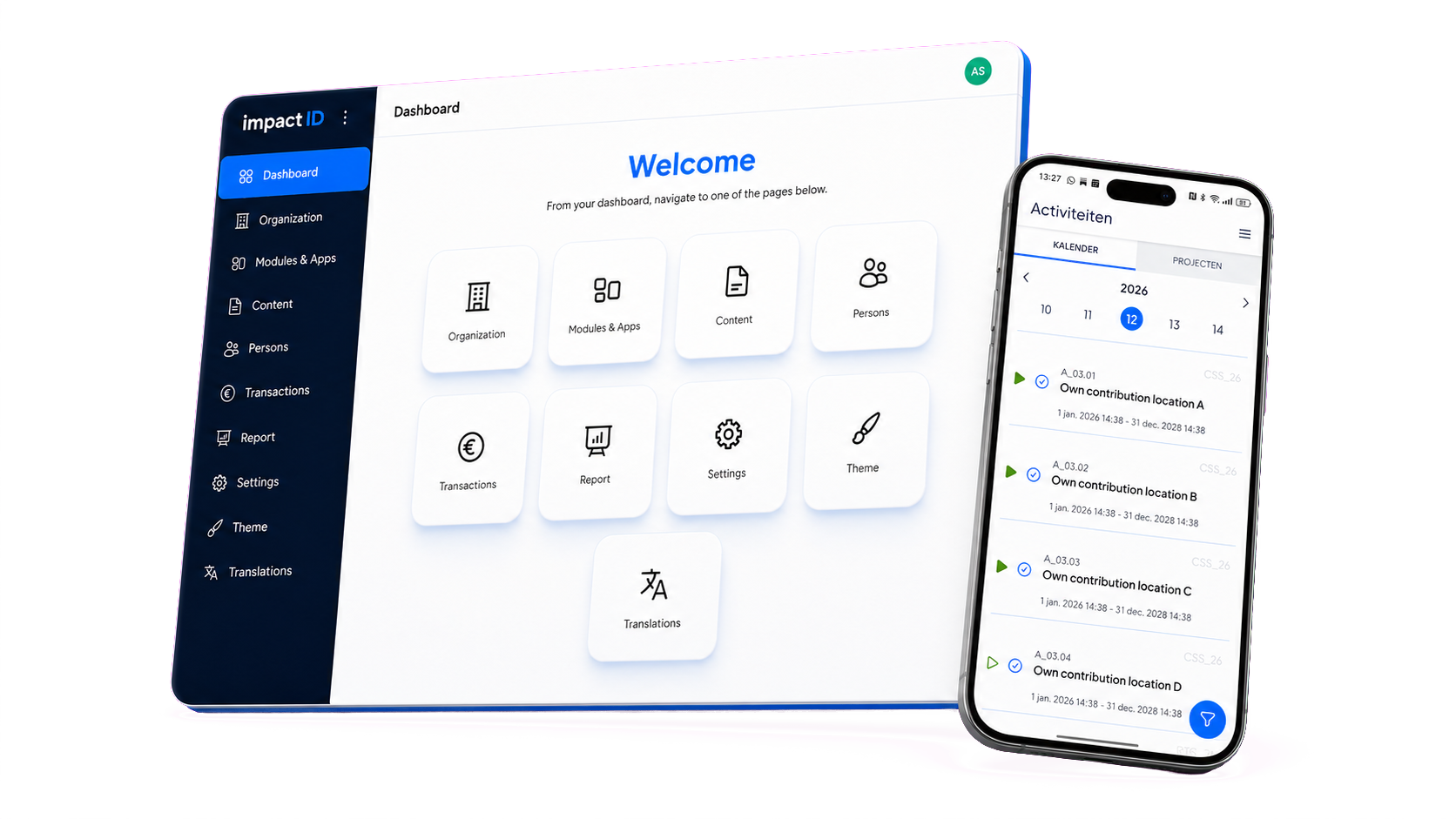 Het impactID-webdashboard en de FieldCollab-app voor mobiele apparaten met activiteiten en agenda